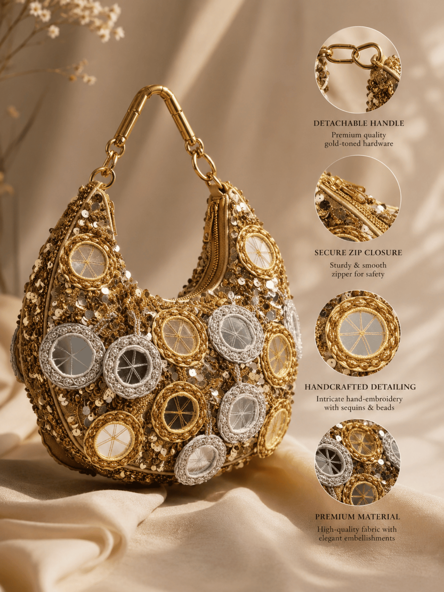 Golden Mirror Embellished Sequin Shoulder Bag