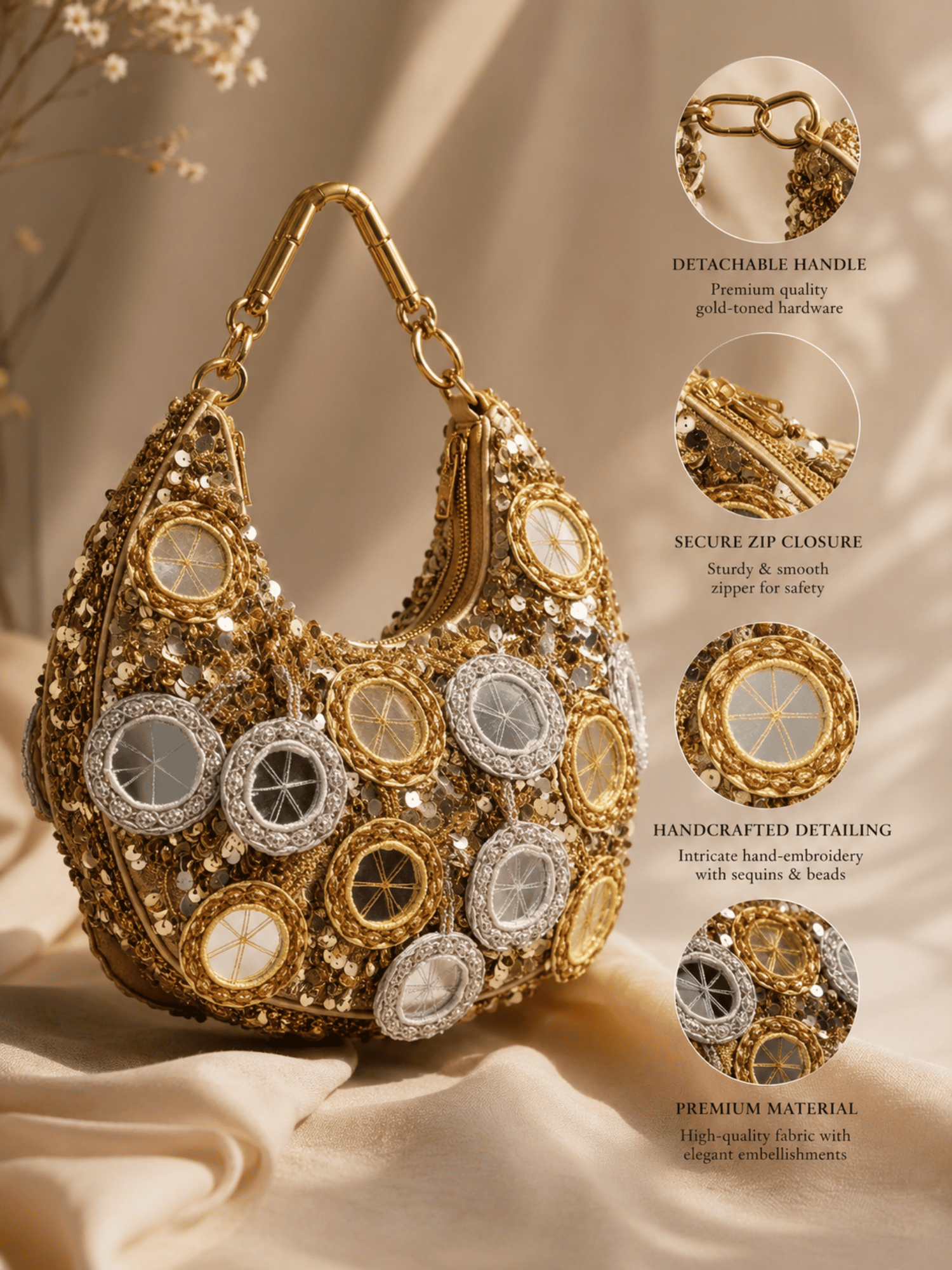 Golden Mirror Embellished Sequin Shoulder Bag