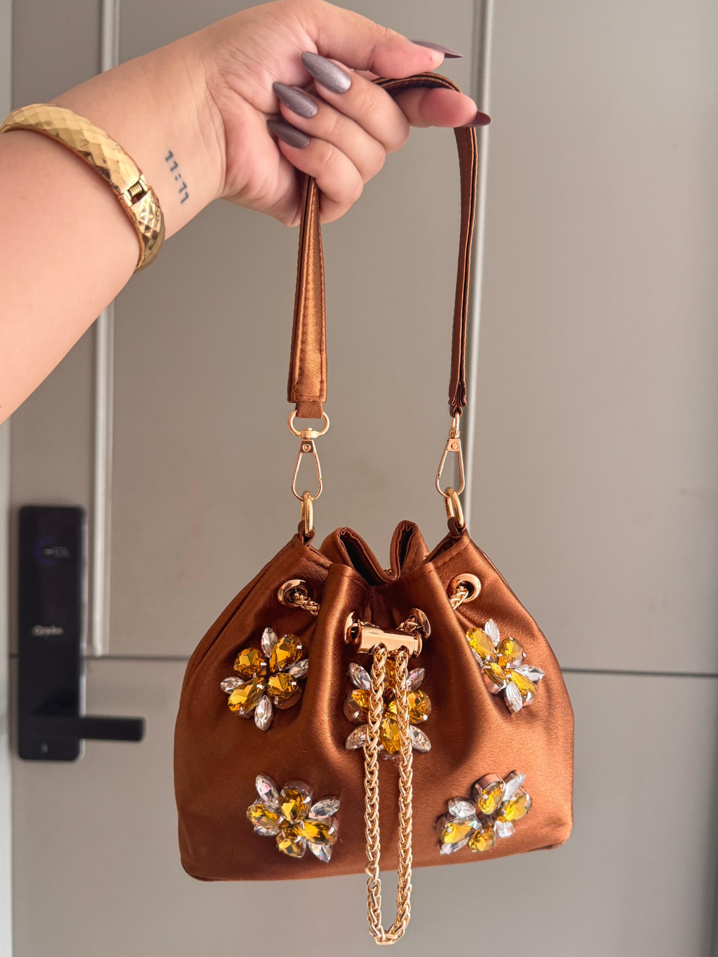 Crystal Bloom Satin Bucket Bag (8 Colors)