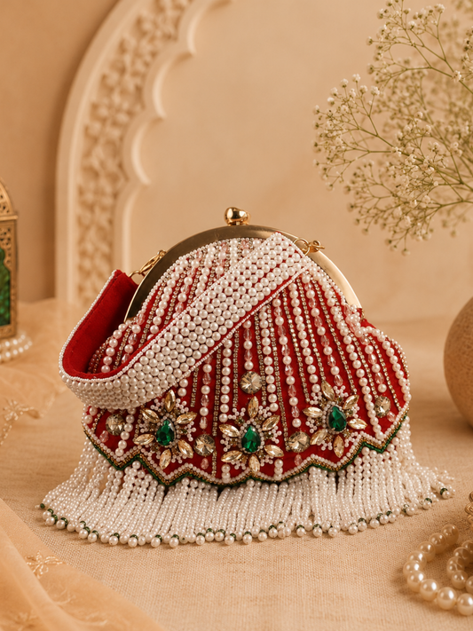 Red Embroidered Pearl Beads Potli Clutch