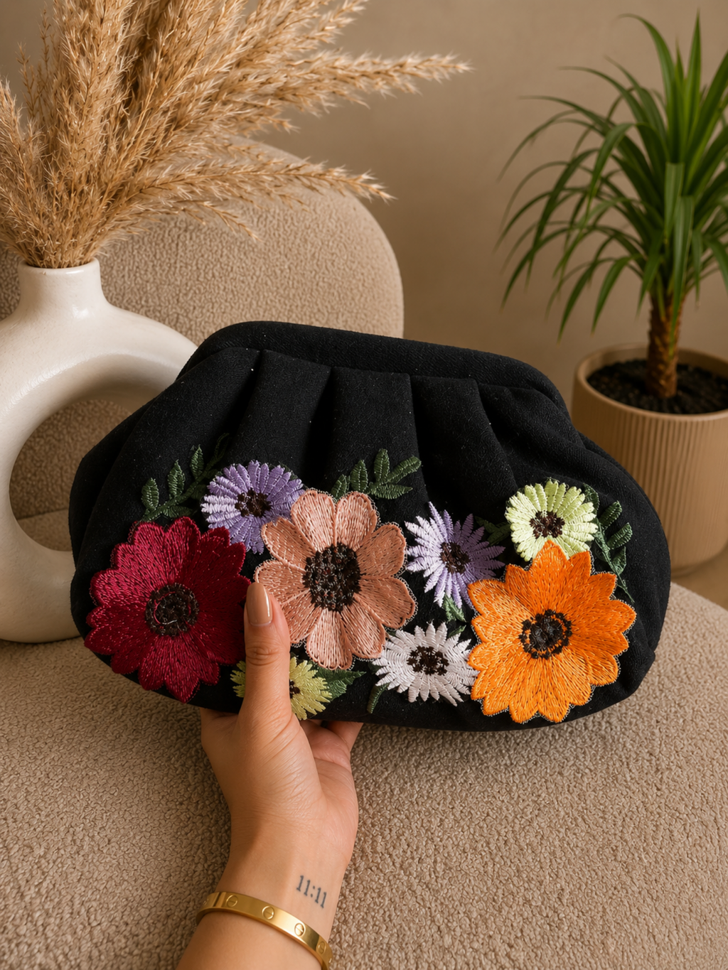 Black Botanique Denim Clutch