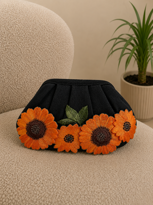 Black Botanique Denim Clutch