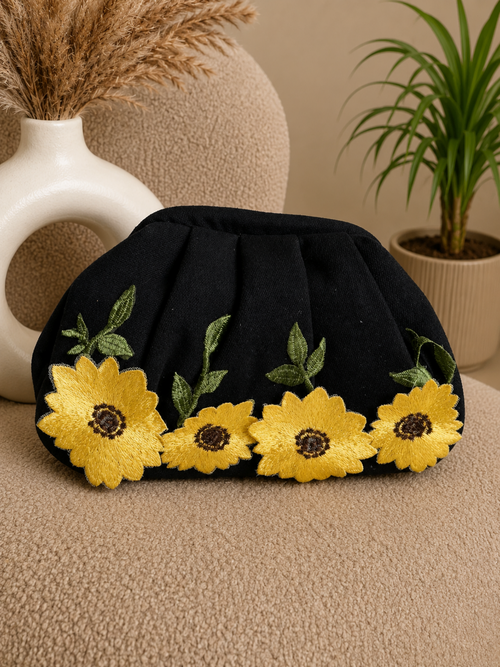 Black Botanique Denim Clutch