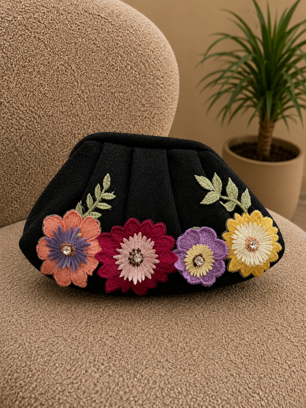Black Botanique Denim Clutch