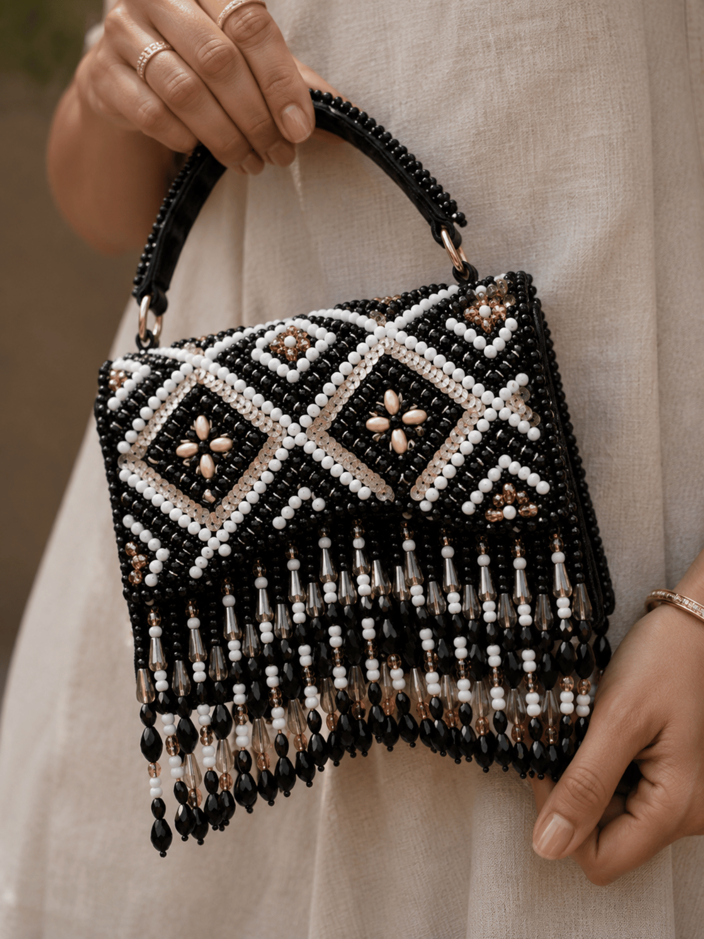Ivory Pearl Embroidered Fringe Handbag
