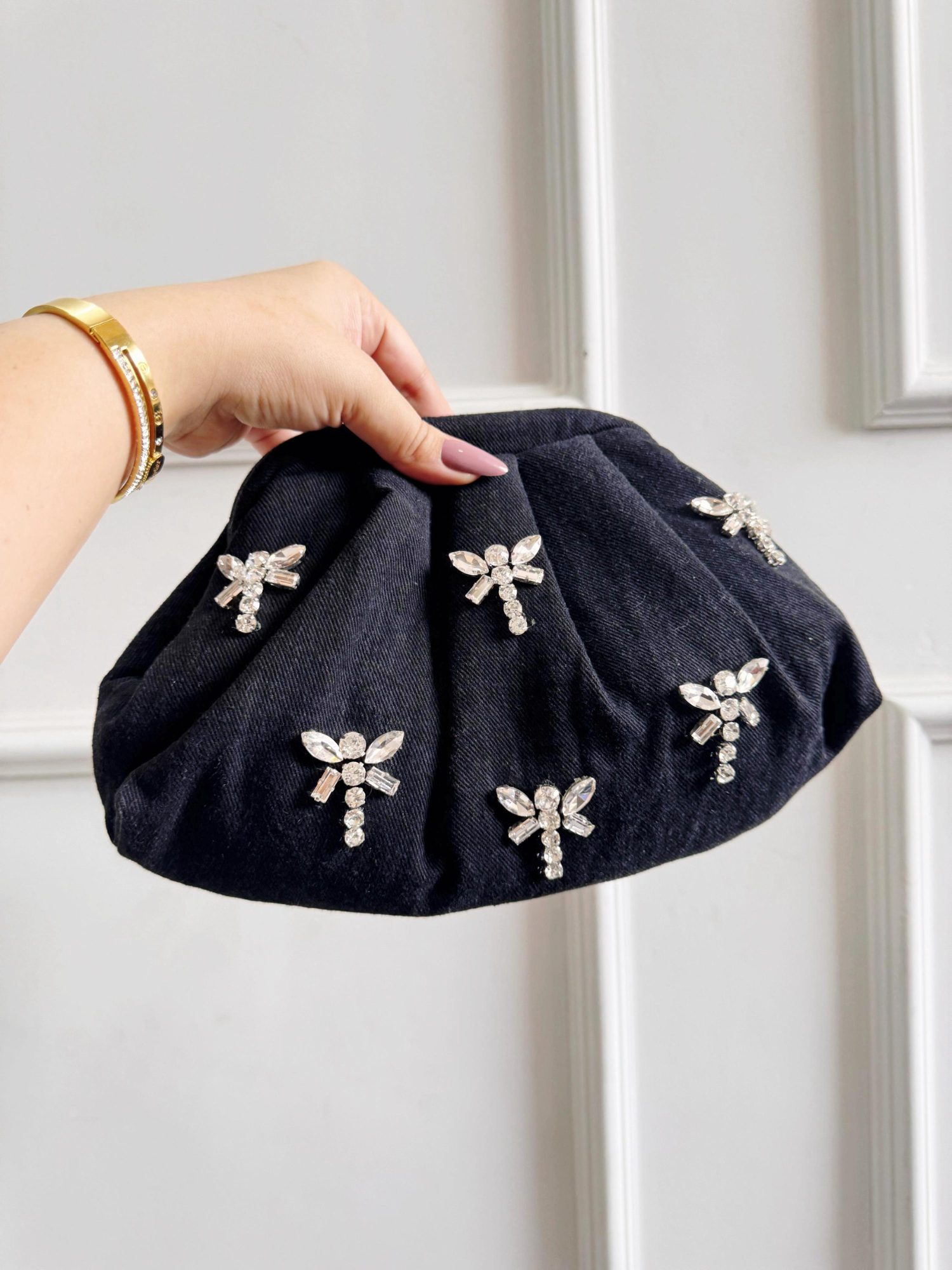 Denim Dusk Crystal Wing Clutch
