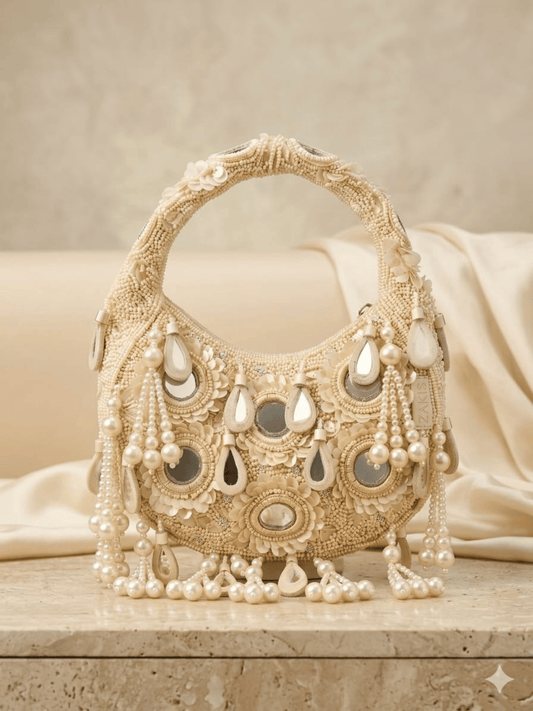 Ivory Mirror & Pearl Embellished Handbag