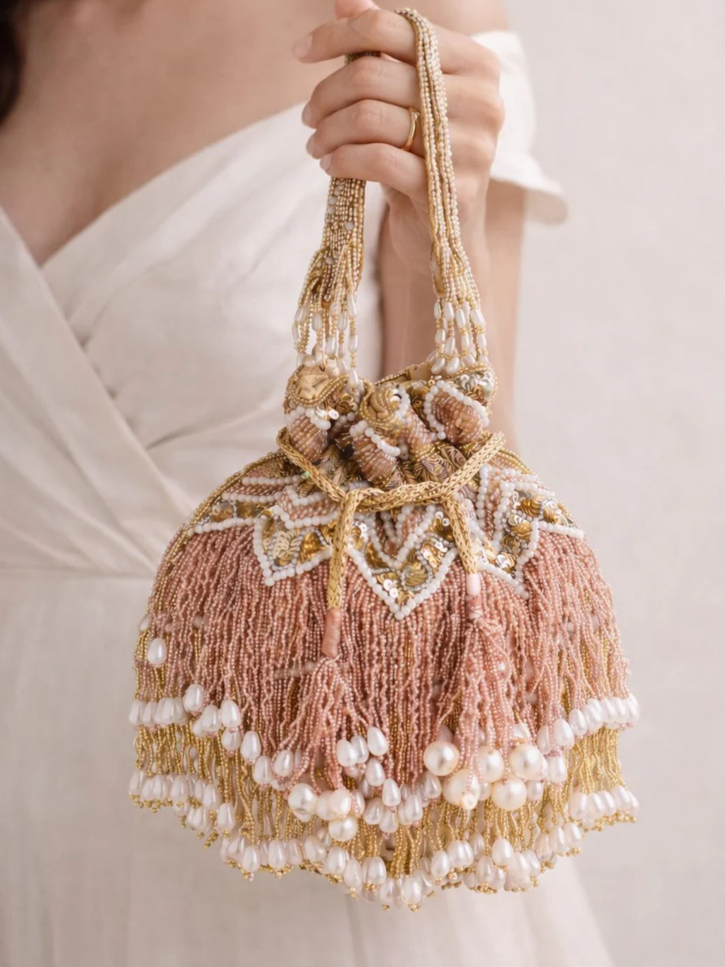 Zaira Pearl Fringe Potli Bag
