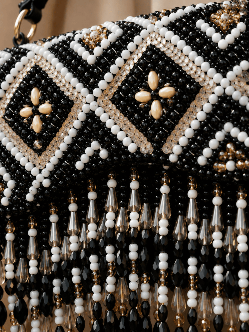 Ivory Pearl Embroidered Fringe Handbag