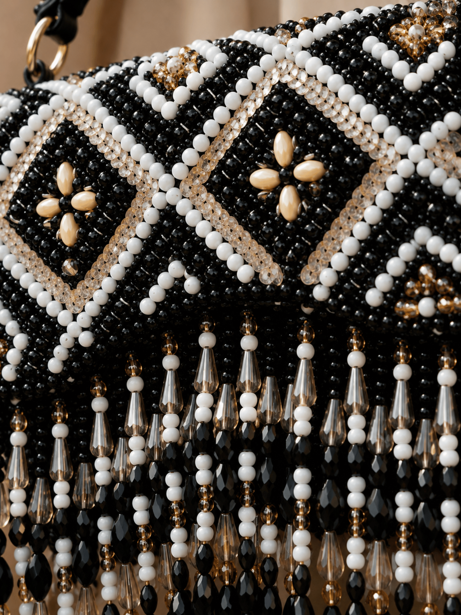 Ivory Pearl Embroidered Fringe Handbag