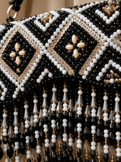 Ivory Pearl Embroidered Fringe Handbag