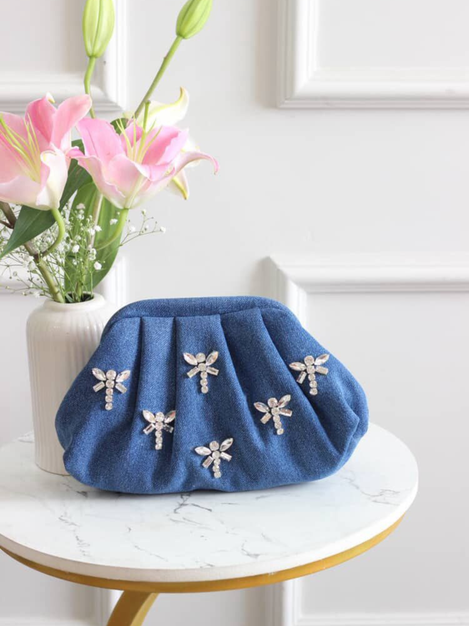 Denim Dusk Crystal Wing Clutch