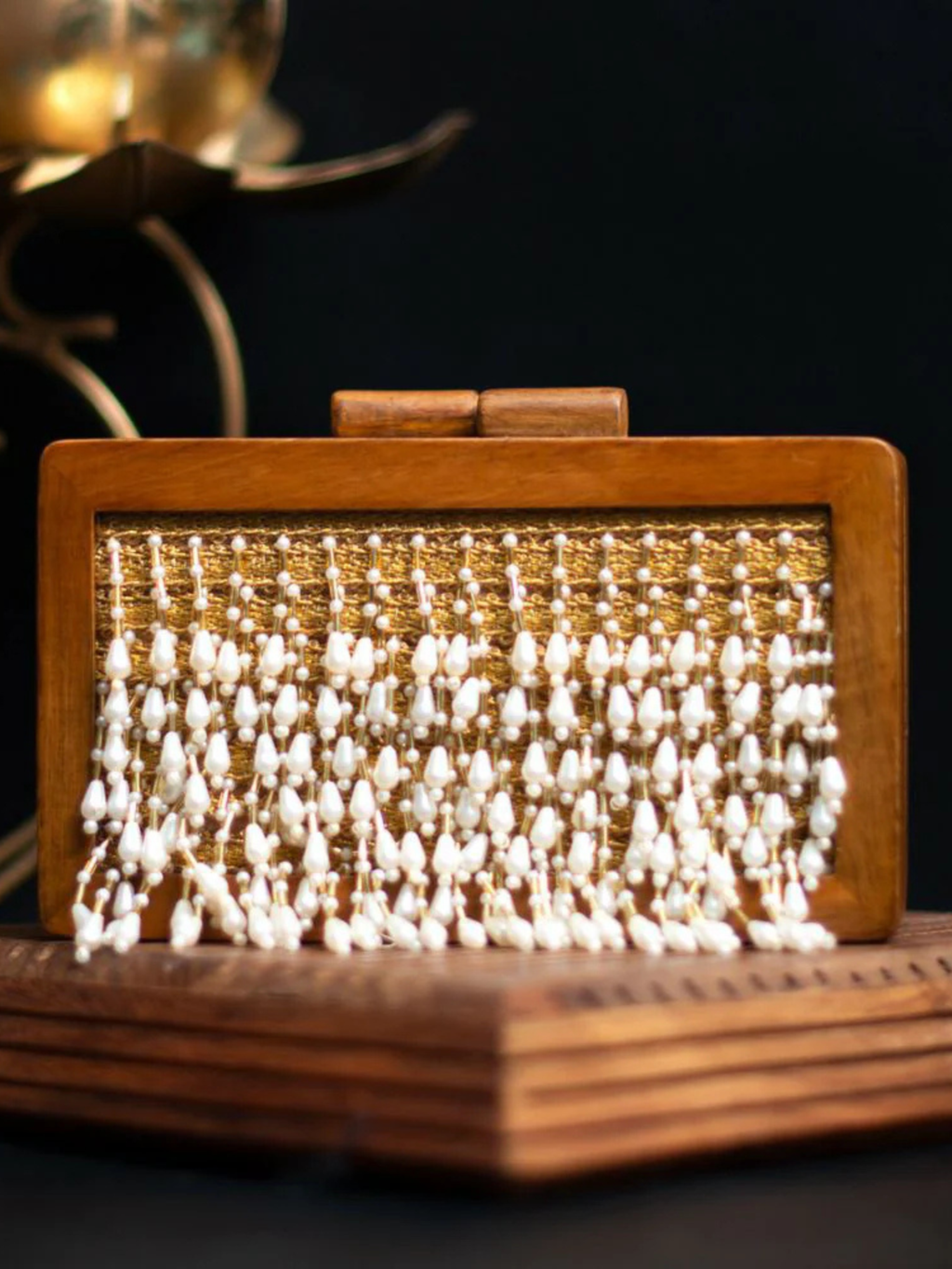 Tassel Embellished Wooden Clutch