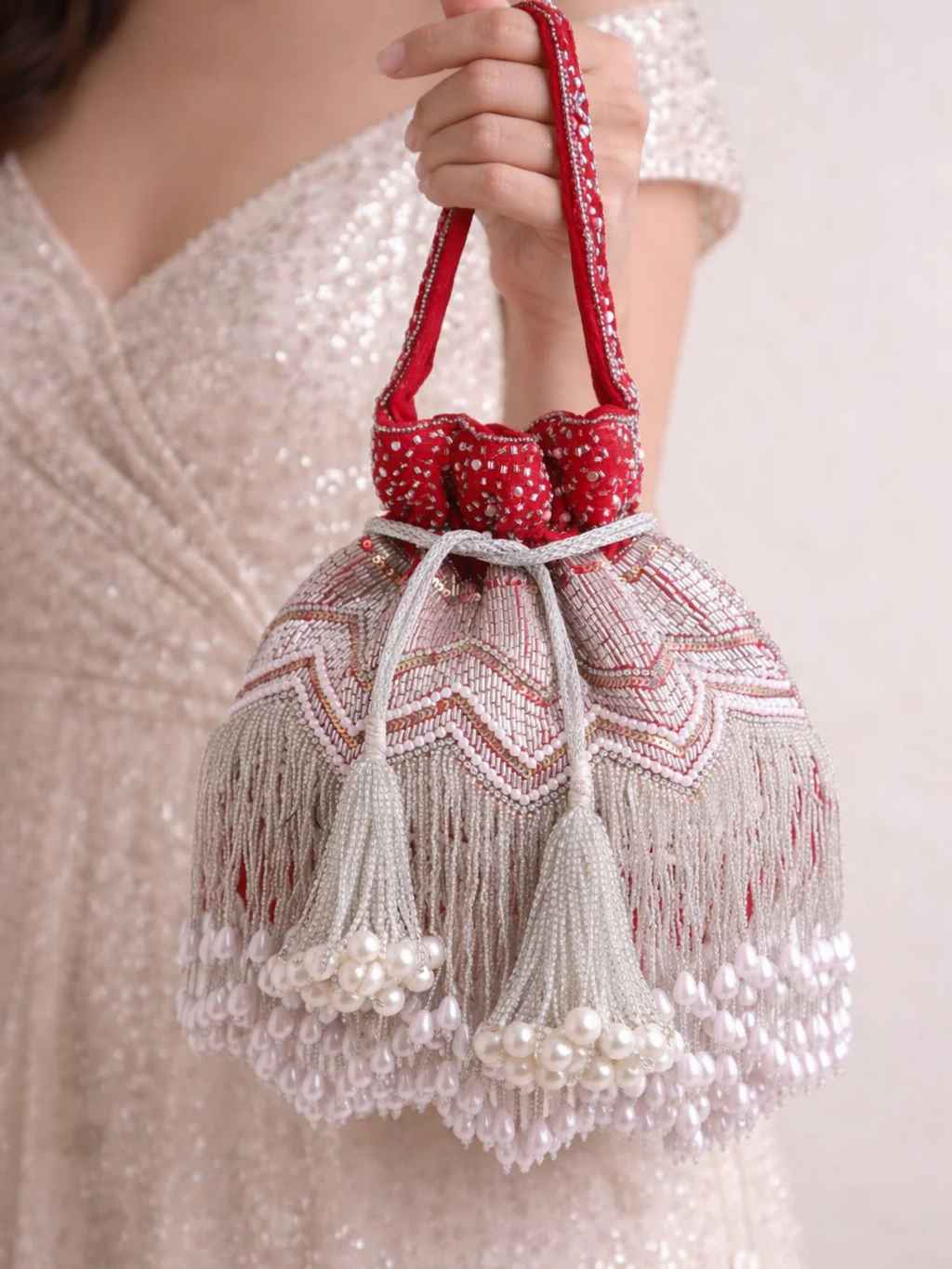 Zaira Pearl Fringe Potli Bag
