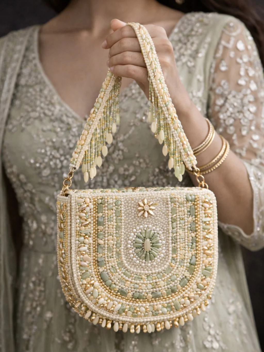 Mint Blossom Beaded Handbag