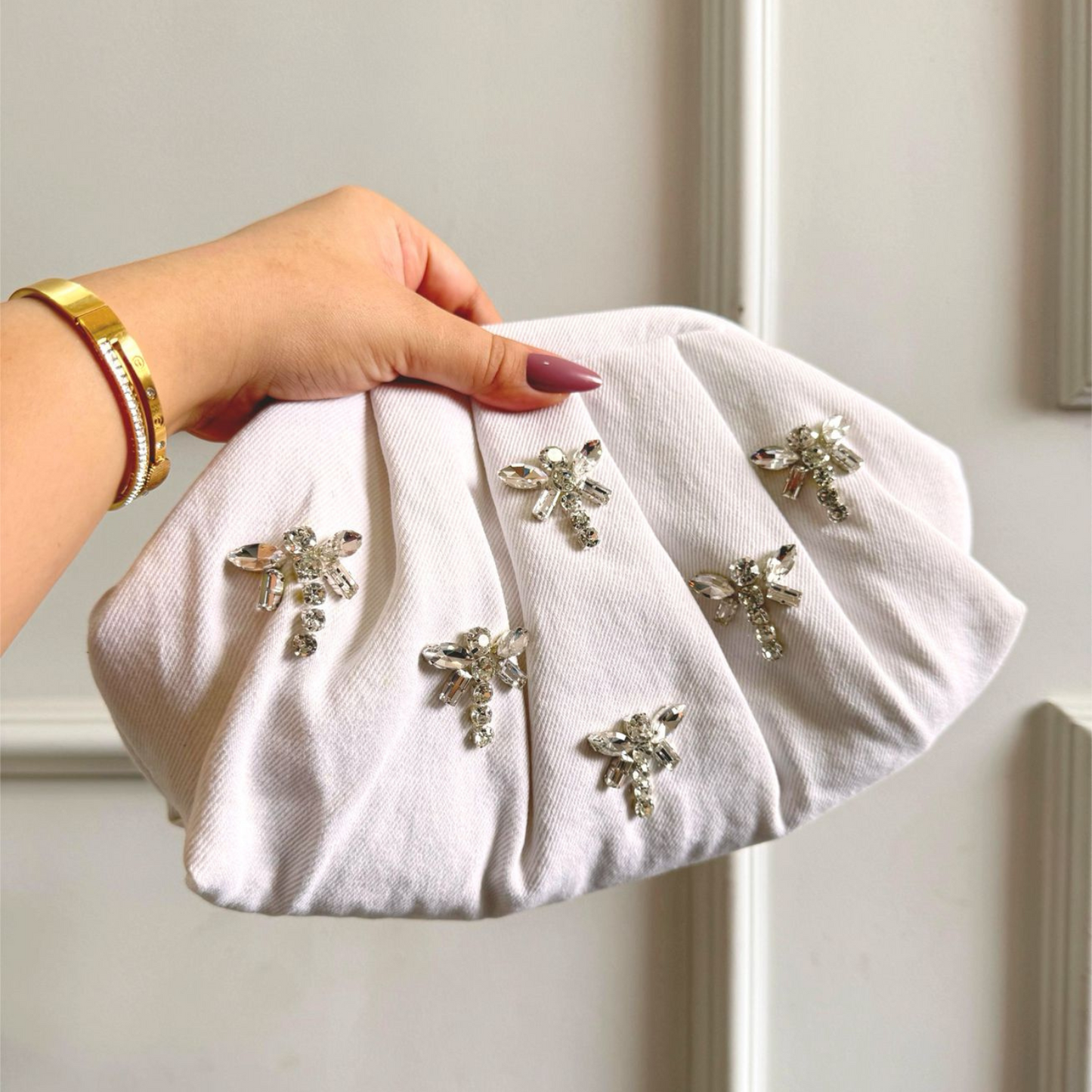 Snow White Crystal Wing Denim Clutch