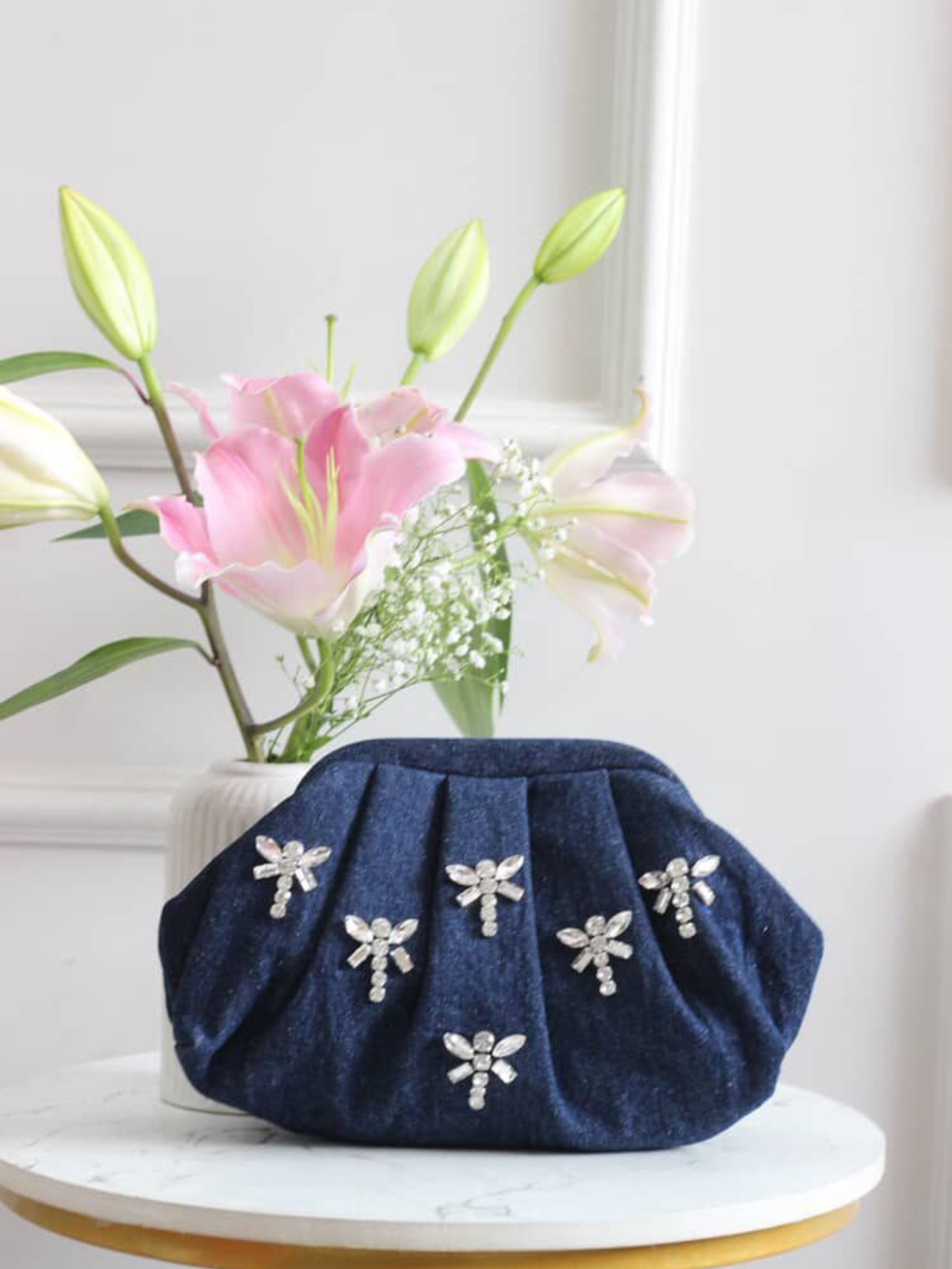 Denim Dusk Crystal Wing Clutch