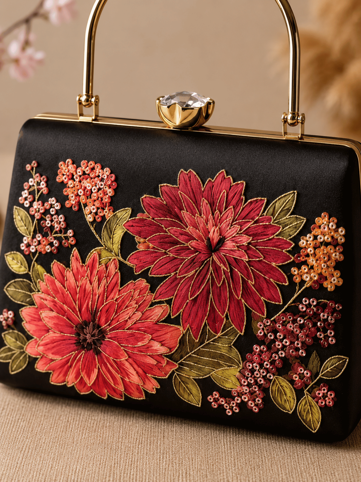 Crimson Bloom Embroidered Box Clutch