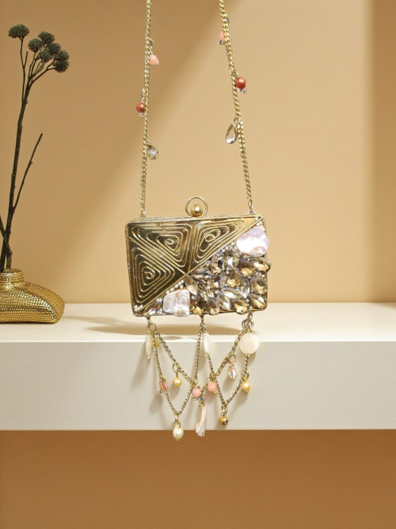 Gilded Prism Pearl Drop Clutch