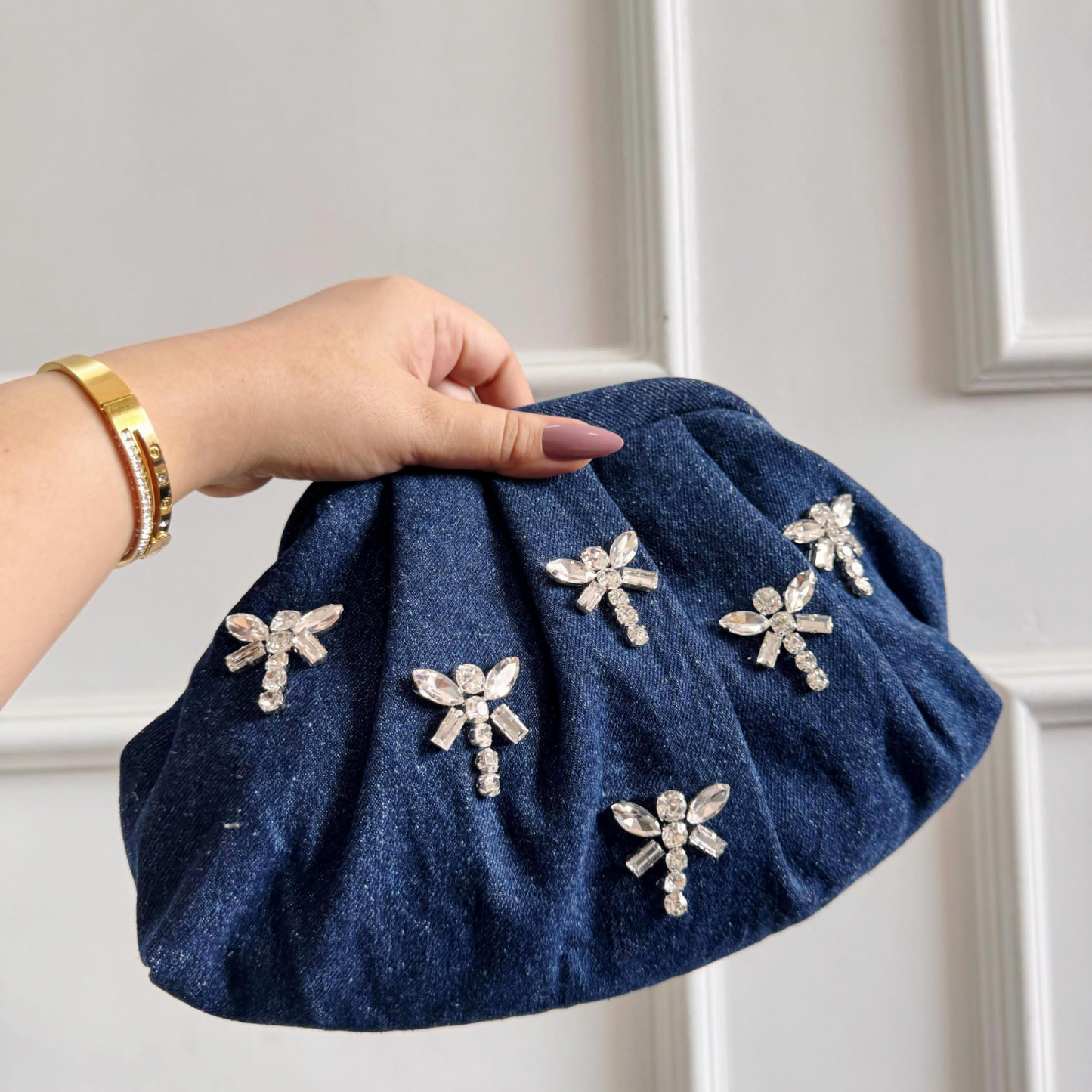 Navy Dream Crystal Wing Denim Clutch