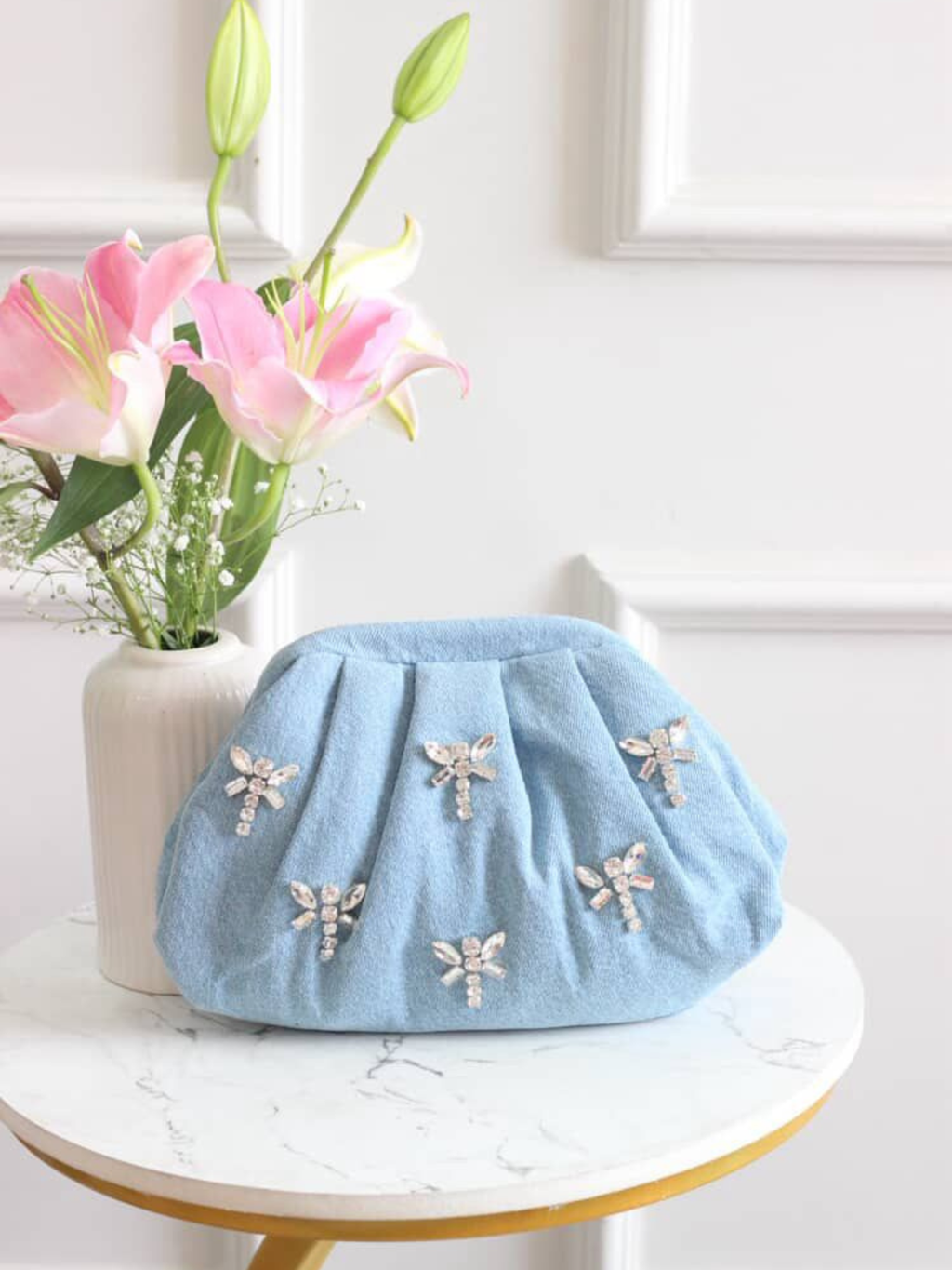 Denim Dusk Crystal Wing Clutch