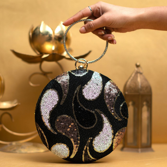 Black Sequin Embroidery Round Clutch