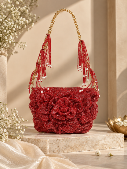 Crimson Bloom Beaded Bag