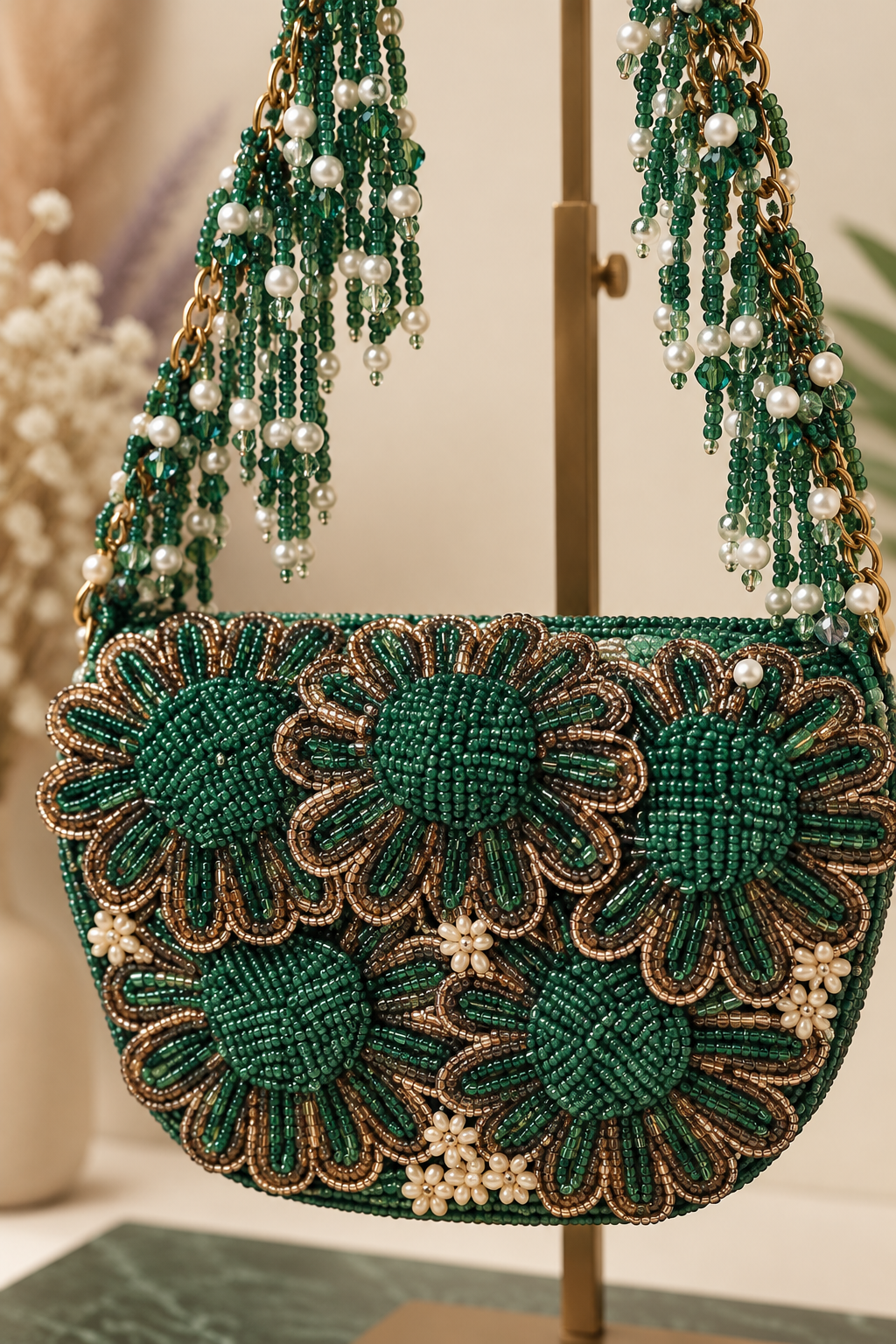 Emerald Petal Beaded Bag