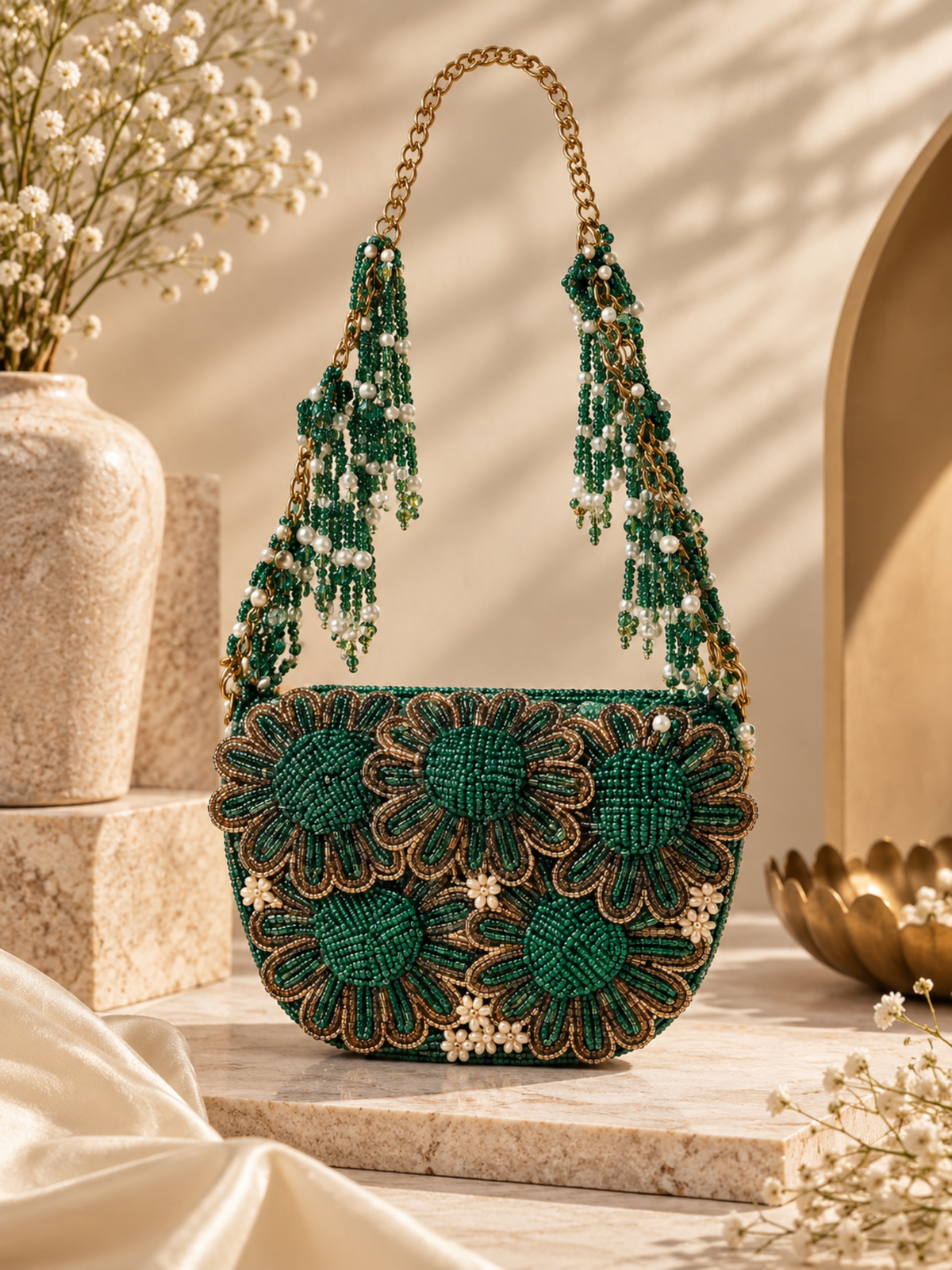 Emerald Petal Beaded Bag
