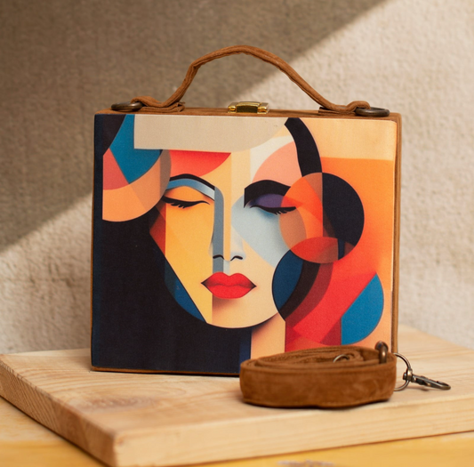 Abstract Face Printed Briefcase Clutch