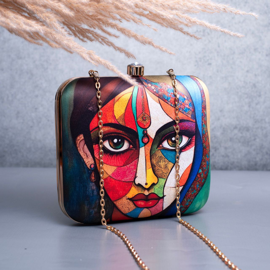 Abstract Girl Face Printed Clutch
