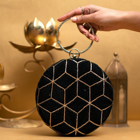 Black And Gold Sequins Round Clutch