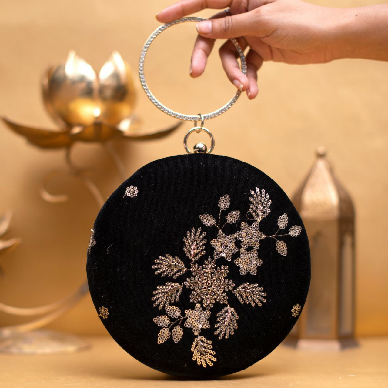 Floral Sequins Embroidery Round Clutch