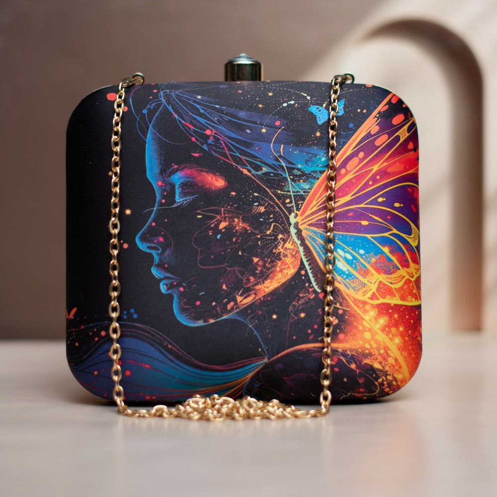 Black Lady Multicolour Printed Clutch