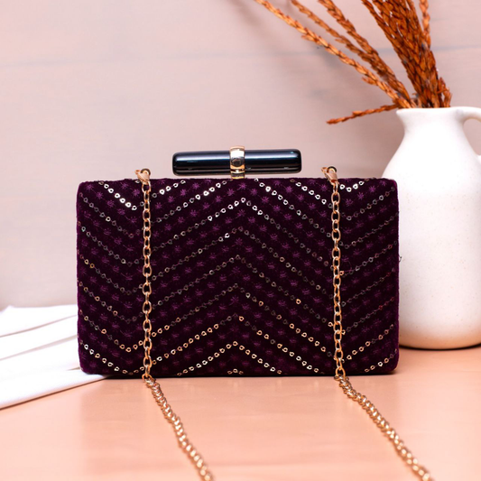 Black Sequins And Thread Embroidery Party Clutch