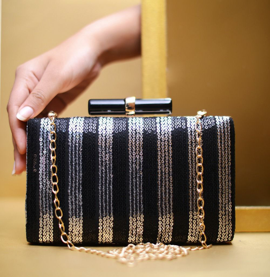 Black and Silver Sequins Fabric Party Clutch