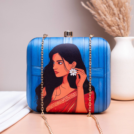 Blue Based Girl Portrait Printed Clutch
