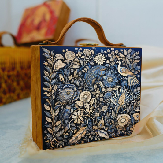 Blue Based Multipattern Leaves Printed Suitcase Style