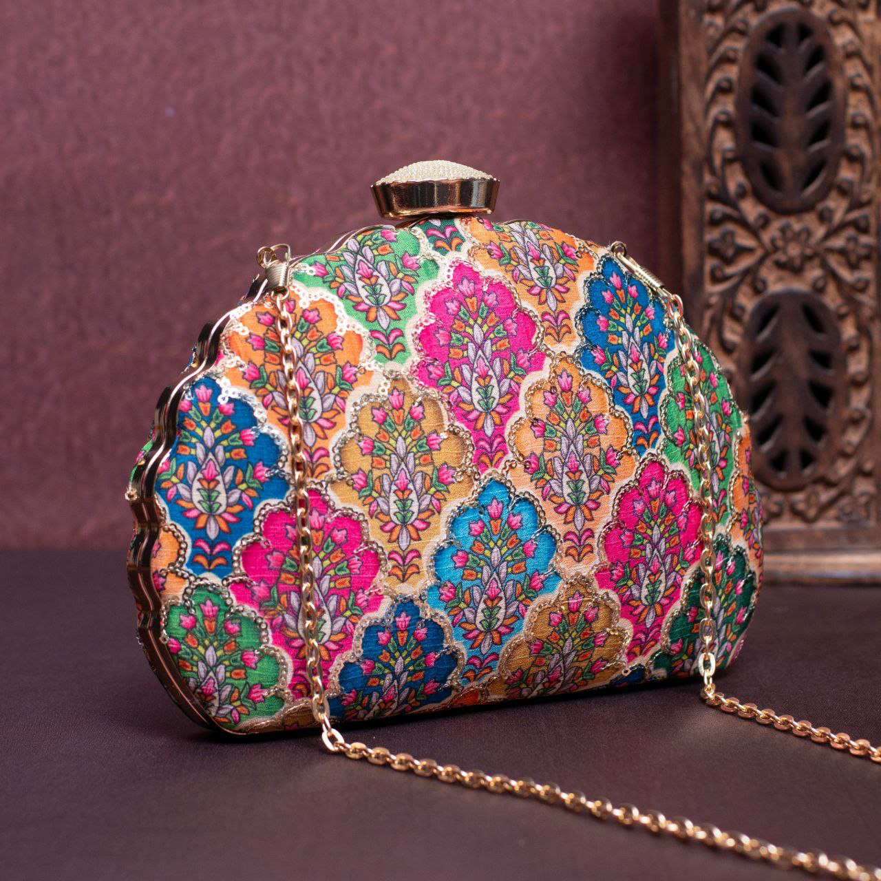 Colorful Floral Embroidery D-shape Clutch