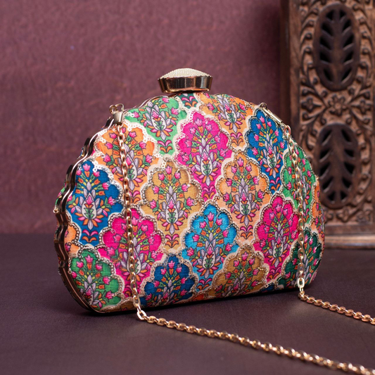 Colorful Floral Embroidery D-shape Clutch