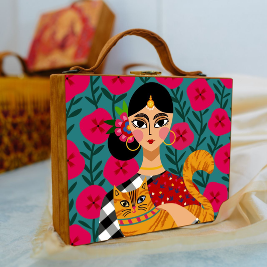 Elegant Flower Lady Printed Suitcase Style Clutch