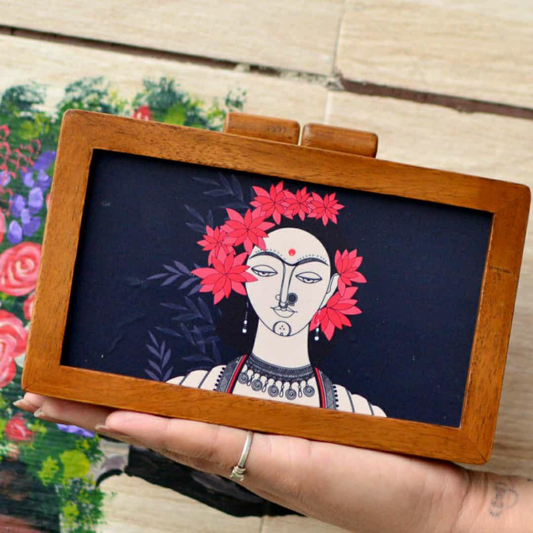 Flower Lady Printed Wooden Clutch