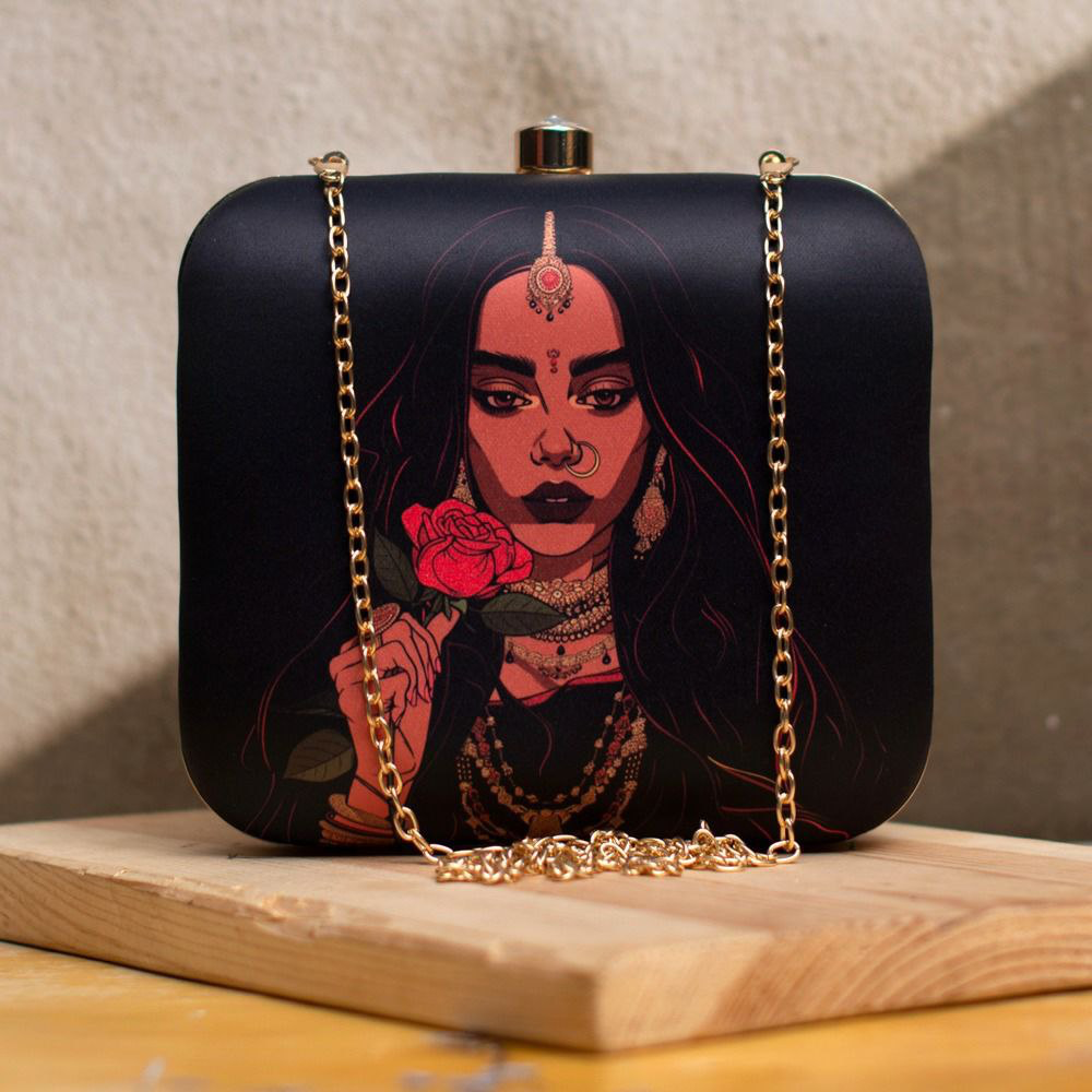 Girl Face with Flower Printed Clutch