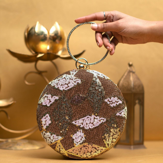 Golden Sequin Embroidery Round Clutch