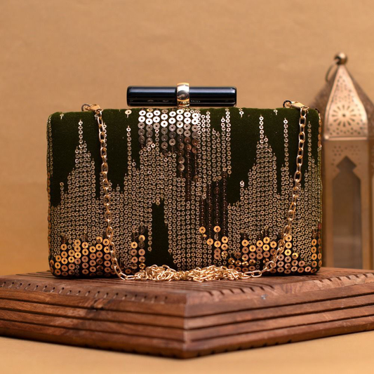 Golden Sequins Black Embroidery Clutch