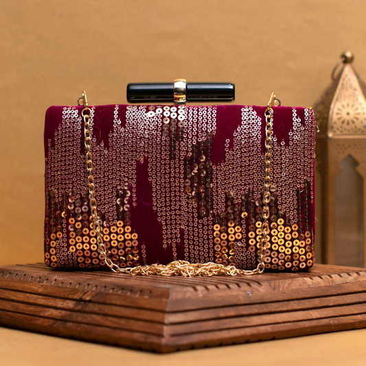 Golden Sequins Maroon Embroidery Clutch
