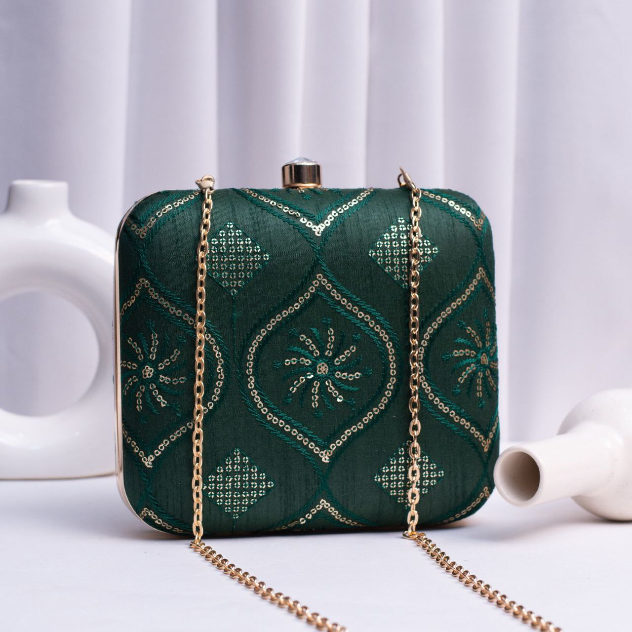 Green Based Golden Sequins And Threadwork Embroidery Clutch