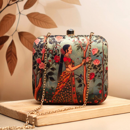 Green Based Indian Girl Portrait Printed Clutch