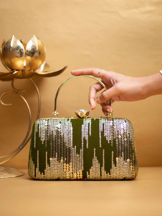 Green Sequins Multipattern Embroidery Party Clutch