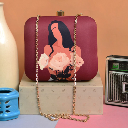 Maroon Flower Girl Portrait Printed Clutch